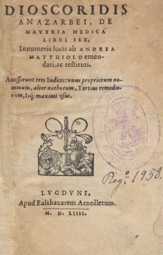 Bìa sách De Materia Medica xuất bản tại Lyon năm 1554